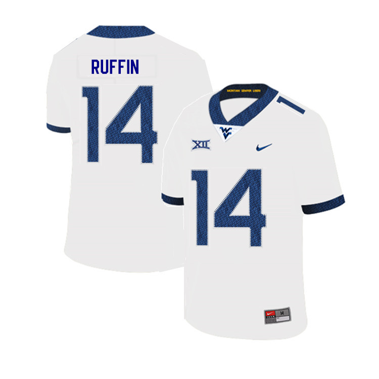 2019 Men #14 Malachi Ruffin West Virginia Mountaineers College Football Jerseys Sale-White